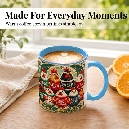 #pl[11oz|Blue] Christmas Chickens Coffee Mug, Holiday Chicken Flock Mug, Ceramic Cup