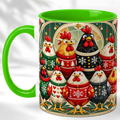 #pl[11oz|Green] Christmas Chickens Coffee Mug, Holiday Chicken Flock Mug, Ceramic Cup