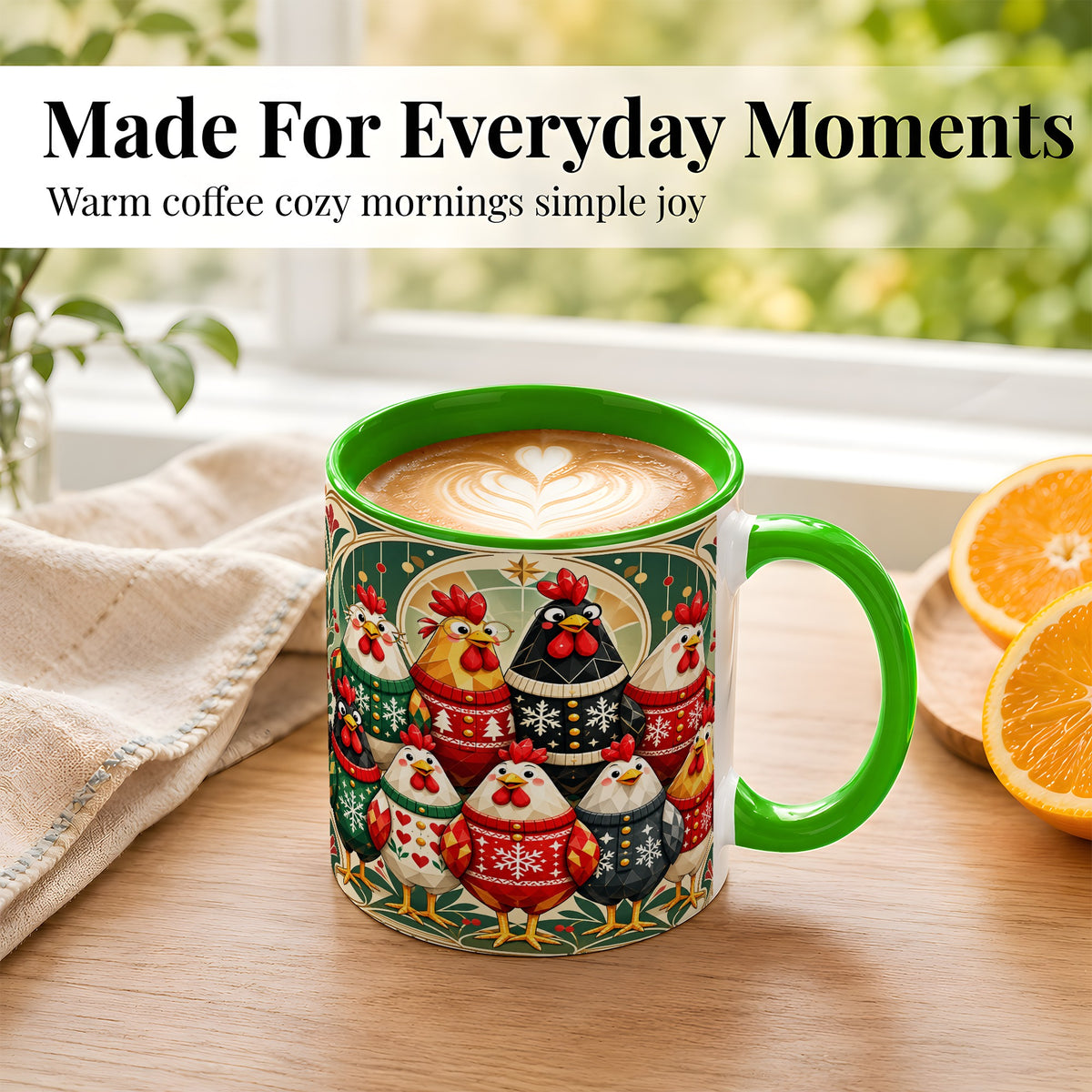 #pl[11oz|Green] Christmas Chickens Coffee Mug, Holiday Chicken Flock Mug, Ceramic Cup