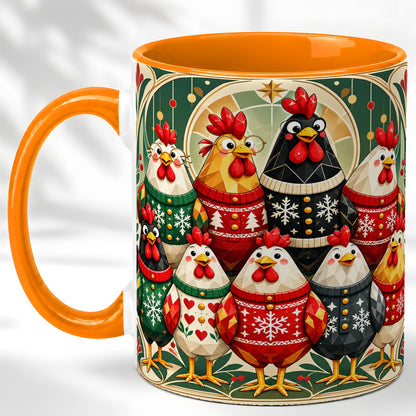 #pl[11oz|Orange] Christmas Chickens Coffee Mug, Holiday Chicken Flock Mug, Ceramic Cup