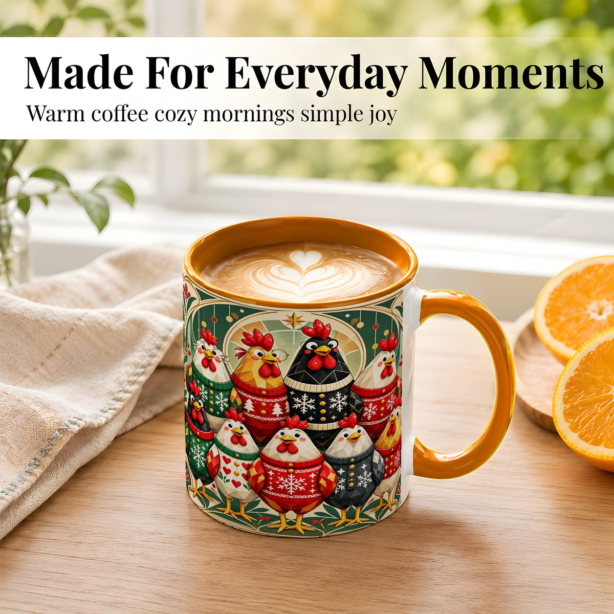 #pl[11oz|Orange] Christmas Chickens Coffee Mug, Holiday Chicken Flock Mug, Ceramic Cup