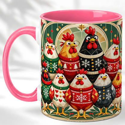 #pl[11oz|Pink] Christmas Chickens Coffee Mug, Holiday Chicken Flock Mug, Ceramic Cup