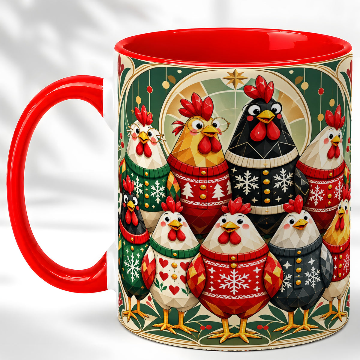 Christmas Chickens Coffee Mug, Holiday Chicken Flock Mug, Ceramic Cup