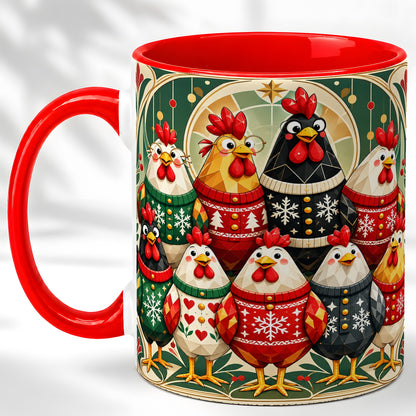 Christmas Chickens Coffee Mug, Holiday Chicken Flock Mug, Ceramic Cup