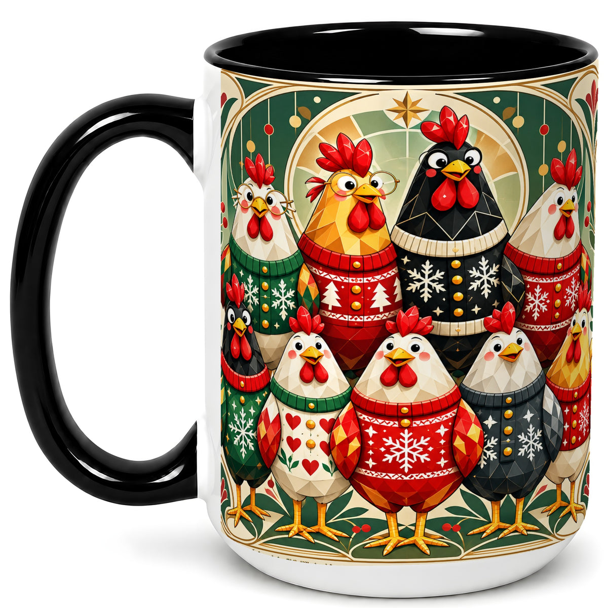 #pl[15oz|Black] Christmas Chickens Coffee Mug, Holiday Chicken Flock Mug, Ceramic Cup