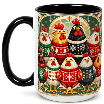 #pl[15oz|Black] Christmas Chickens Coffee Mug, Holiday Chicken Flock Mug, Ceramic Cup