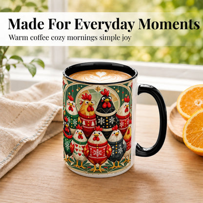#pl[15oz|Black] Christmas Chickens Coffee Mug, Holiday Chicken Flock Mug, Ceramic Cup