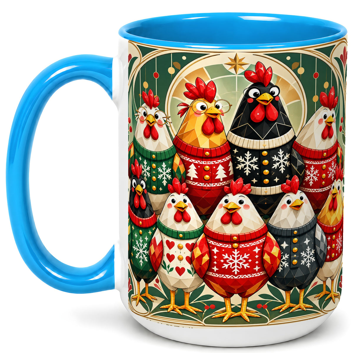 #pl[15oz|Blue] Christmas Chickens Coffee Mug, Holiday Chicken Flock Mug, Ceramic Cup