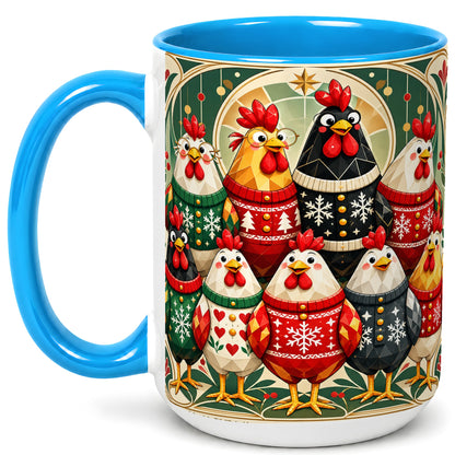 #pl[15oz|Blue] Christmas Chickens Coffee Mug, Holiday Chicken Flock Mug, Ceramic Cup