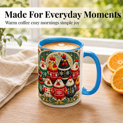 #pl[15oz|Blue] Christmas Chickens Coffee Mug, Holiday Chicken Flock Mug, Ceramic Cup