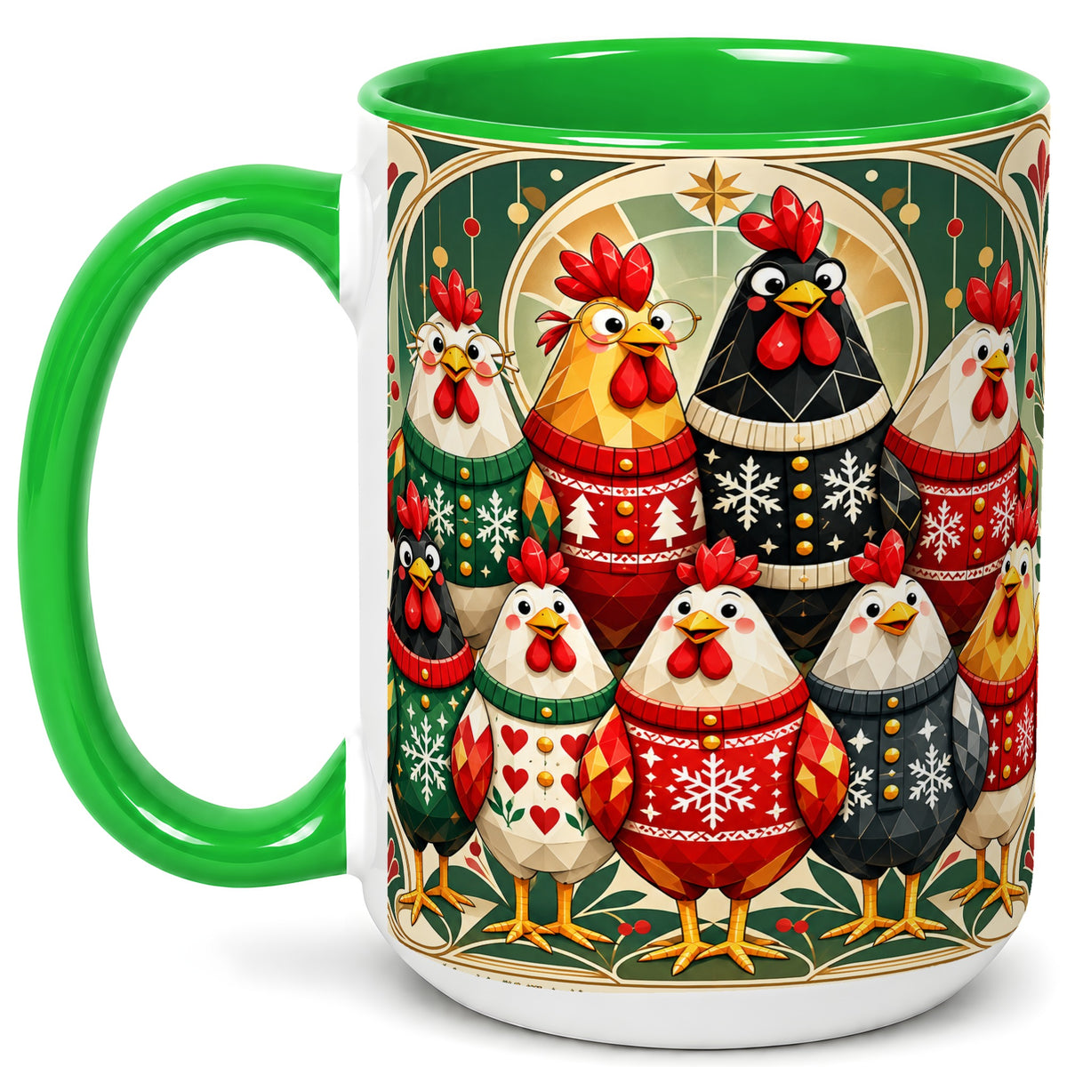#pl[15oz|Green] Christmas Chickens Coffee Mug, Holiday Chicken Flock Mug, Ceramic Cup