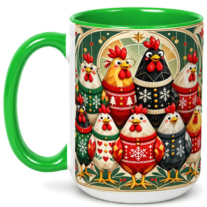 #pl[15oz|Green] Christmas Chickens Coffee Mug, Holiday Chicken Flock Mug, Ceramic Cup
