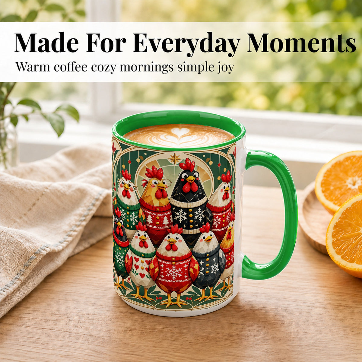 #pl[15oz|Green] Christmas Chickens Coffee Mug, Holiday Chicken Flock Mug, Ceramic Cup