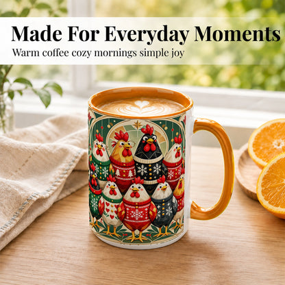 #pl[15oz|Orange] Christmas Chickens Coffee Mug, Holiday Chicken Flock Mug, Ceramic Cup
