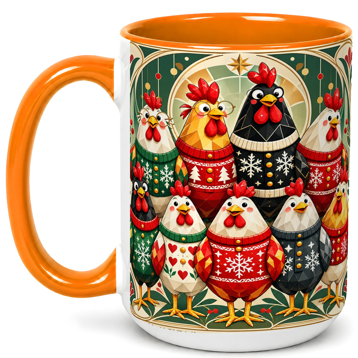 #pl[15oz|Orange] Christmas Chickens Coffee Mug, Holiday Chicken Flock Mug, Ceramic Cup