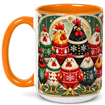 #pl[15oz|Orange] Christmas Chickens Coffee Mug, Holiday Chicken Flock Mug, Ceramic Cup
