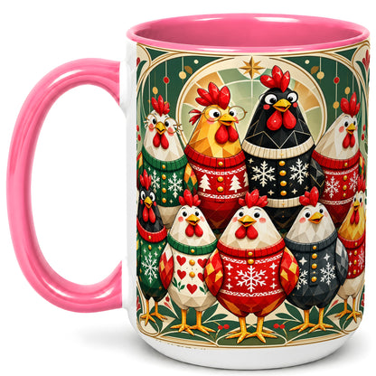 #pl[15oz|Pink] Christmas Chickens Coffee Mug, Holiday Chicken Flock Mug, Ceramic Cup
