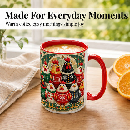 #pl[15oz|Red] Christmas Chickens Coffee Mug, Holiday Chicken Flock Mug, Ceramic Cup