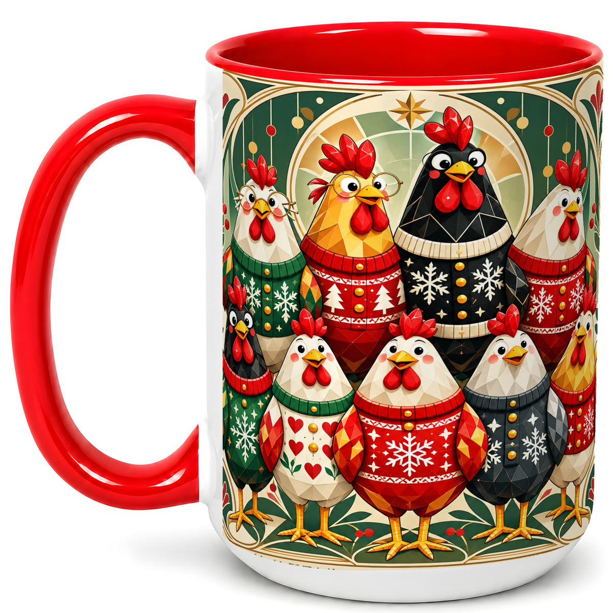 #pl[15oz|Red] Christmas Chickens Coffee Mug, Holiday Chicken Flock Mug, Ceramic Cup