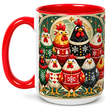 #pl[15oz|Red] Christmas Chickens Coffee Mug, Holiday Chicken Flock Mug, Ceramic Cup
