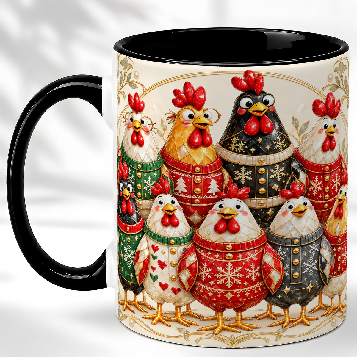 #pl[11oz|Black] Jeweled Christmas Chickens Coffee Mug, Festive Flock Mug, Ceramic Cup