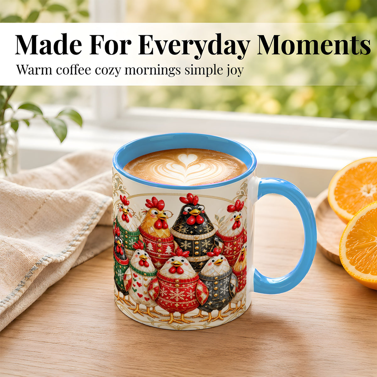 #pl[11oz|Blue] Jeweled Christmas Chickens Coffee Mug, Festive Flock Mug, Ceramic Cup