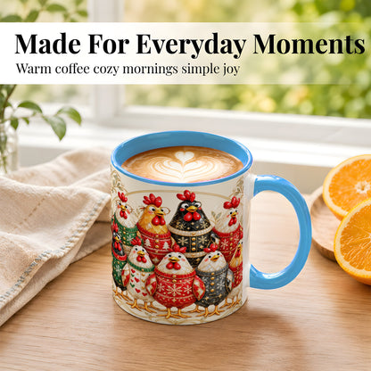 #pl[11oz|Blue] Jeweled Christmas Chickens Coffee Mug, Festive Flock Mug, Ceramic Cup