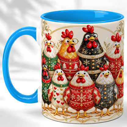#pl[11oz|Blue] Jeweled Christmas Chickens Coffee Mug, Festive Flock Mug, Ceramic Cup