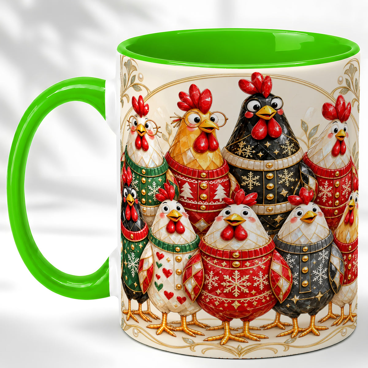 #pl[11oz|Green] Jeweled Christmas Chickens Coffee Mug, Festive Flock Mug, Ceramic Cup