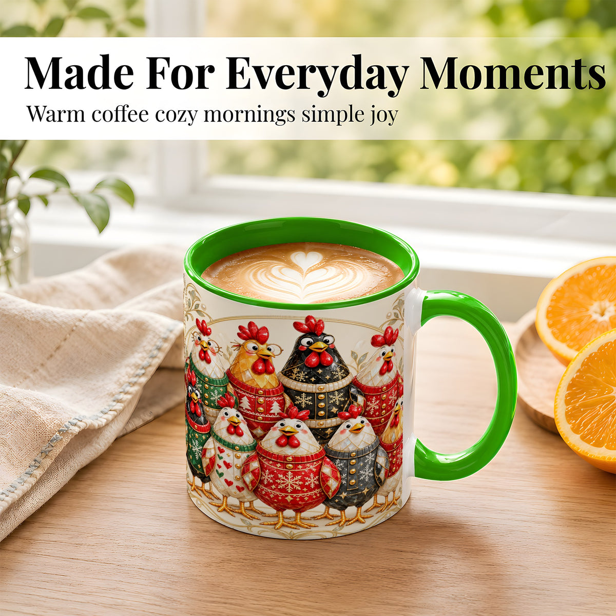 #pl[11oz|Green] Jeweled Christmas Chickens Coffee Mug, Festive Flock Mug, Ceramic Cup