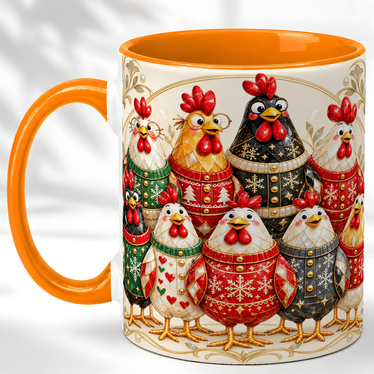 #pl[11oz|Orange] Jeweled Christmas Chickens Coffee Mug, Festive Flock Mug, Ceramic Cup