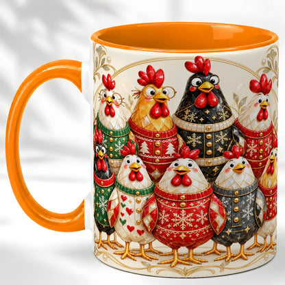 #pl[11oz|Orange] Jeweled Christmas Chickens Coffee Mug, Festive Flock Mug, Ceramic Cup