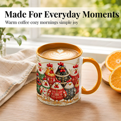 #pl[11oz|Orange] Jeweled Christmas Chickens Coffee Mug, Festive Flock Mug, Ceramic Cup