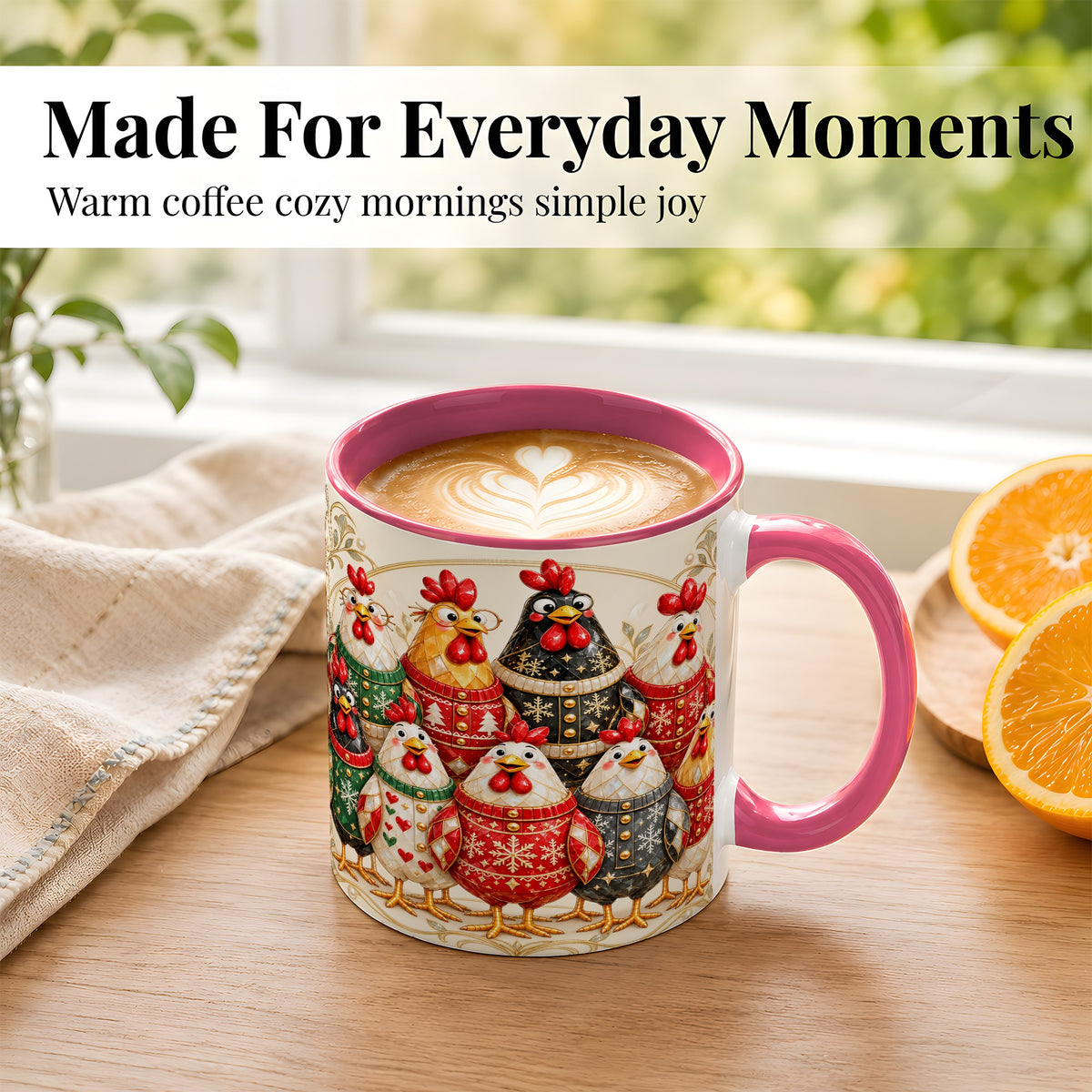 #pl[11oz|Pink] Jeweled Christmas Chickens Coffee Mug, Festive Flock Mug, Ceramic Cup