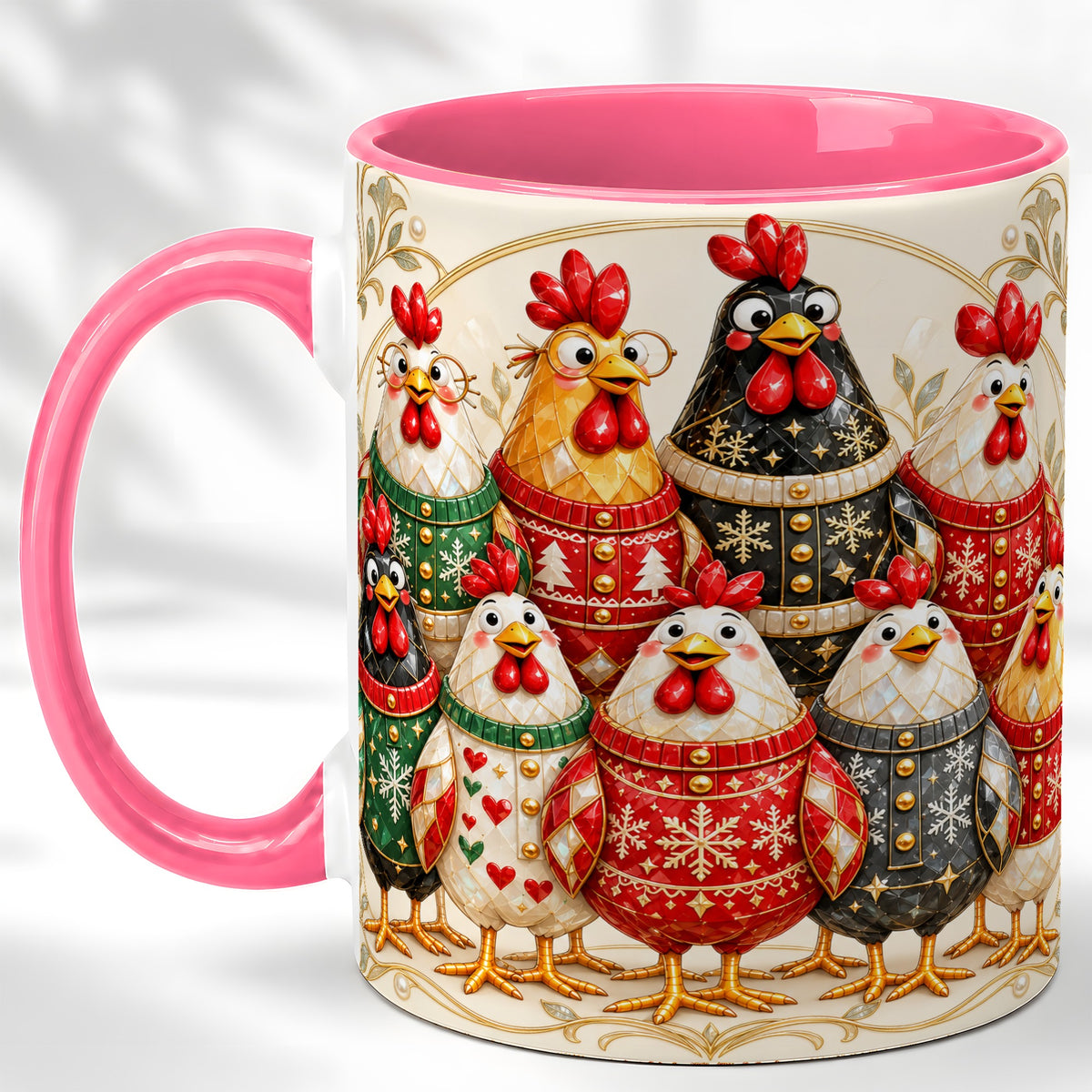 #pl[11oz|Pink] Jeweled Christmas Chickens Coffee Mug, Festive Flock Mug, Ceramic Cup
