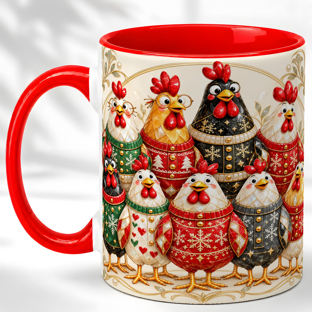 Jeweled Christmas Chickens Coffee Mug, Festive Flock Mug, Ceramic Cup