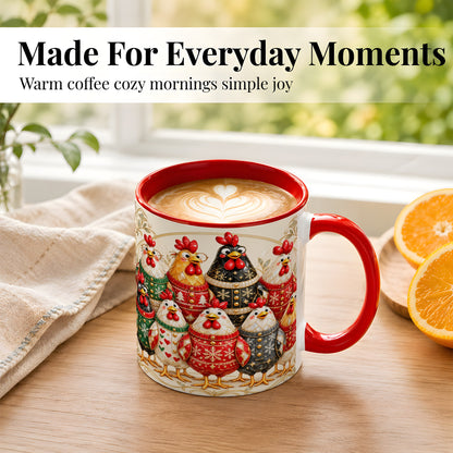 #pl[11oz|Red] Jeweled Christmas Chickens Coffee Mug, Festive Flock Mug, Ceramic Cup