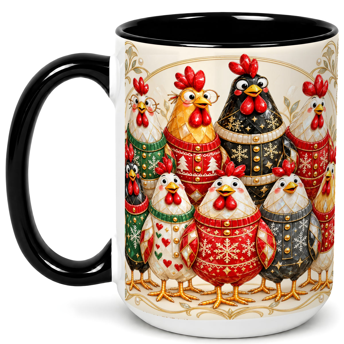 #pl[15oz|Black] Jeweled Christmas Chickens Coffee Mug, Festive Flock Mug, Ceramic Cup