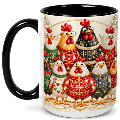 #pl[15oz|Black] Jeweled Christmas Chickens Coffee Mug, Festive Flock Mug, Ceramic Cup