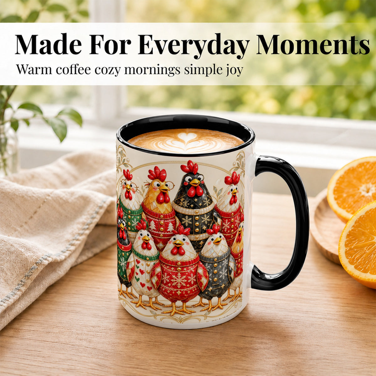 #pl[15oz|Black] Jeweled Christmas Chickens Coffee Mug, Festive Flock Mug, Ceramic Cup
