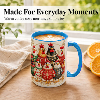 #pl[15oz|Blue] Jeweled Christmas Chickens Coffee Mug, Festive Flock Mug, Ceramic Cup