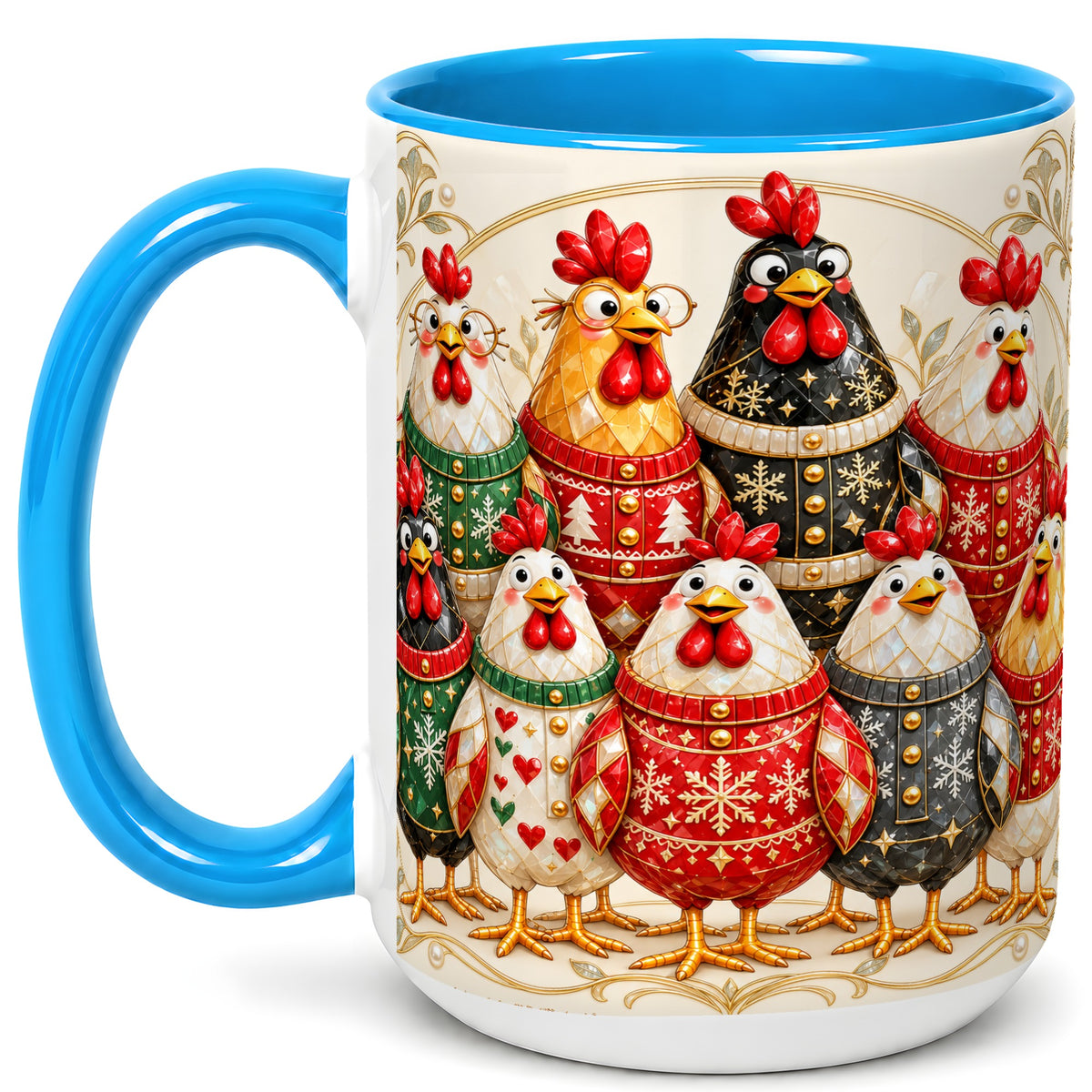 #pl[15oz|Blue] Jeweled Christmas Chickens Coffee Mug, Festive Flock Mug, Ceramic Cup