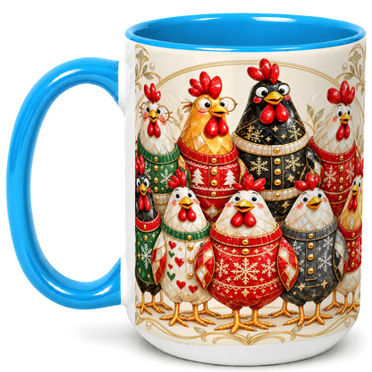 #pl[15oz|Blue] Jeweled Christmas Chickens Coffee Mug, Festive Flock Mug, Ceramic Cup