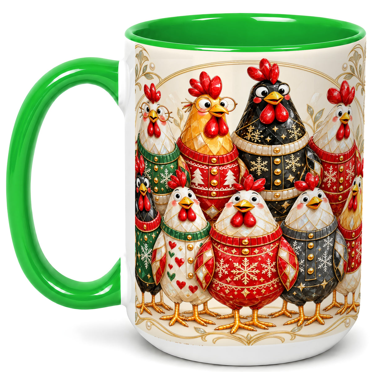 #pl[15oz|Green] Jeweled Christmas Chickens Coffee Mug, Festive Flock Mug, Ceramic Cup