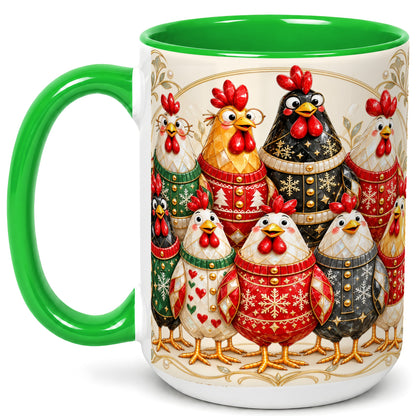#pl[15oz|Green] Jeweled Christmas Chickens Coffee Mug, Festive Flock Mug, Ceramic Cup