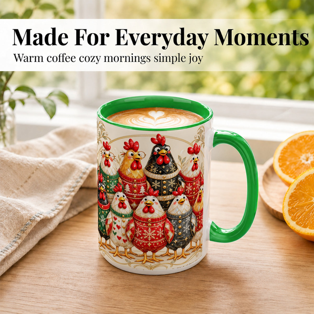 #pl[15oz|Green] Jeweled Christmas Chickens Coffee Mug, Festive Flock Mug, Ceramic Cup