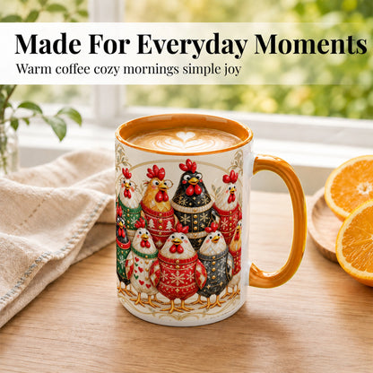 #pl[15oz|Orange] Jeweled Christmas Chickens Coffee Mug, Festive Flock Mug, Ceramic Cup