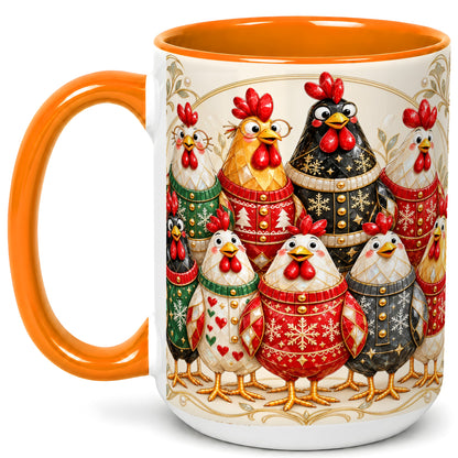 #pl[15oz|Orange] Jeweled Christmas Chickens Coffee Mug, Festive Flock Mug, Ceramic Cup