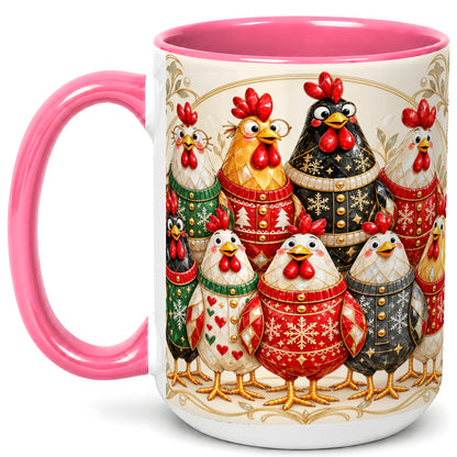 #pl[15oz|Pink] Jeweled Christmas Chickens Coffee Mug, Festive Flock Mug, Ceramic Cup