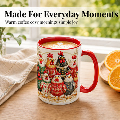 #pl[15oz|Red] Jeweled Christmas Chickens Coffee Mug, Festive Flock Mug, Ceramic Cup